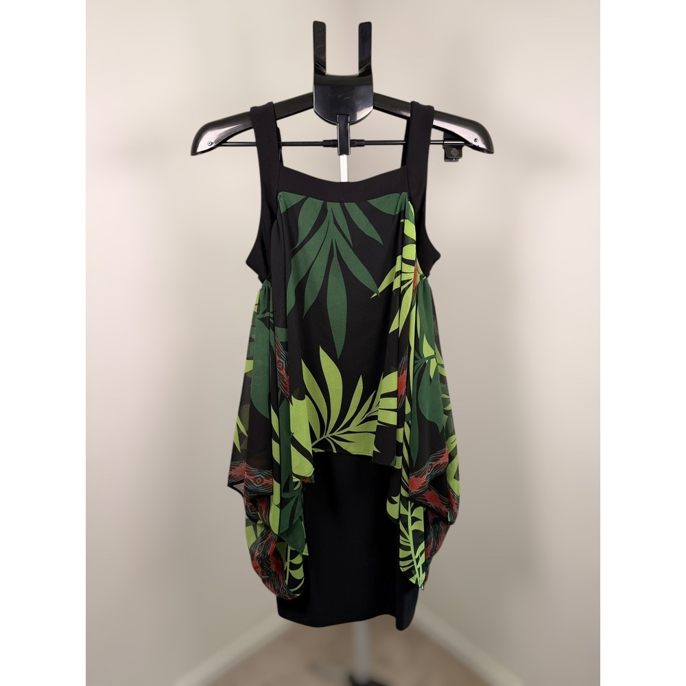 Joseph Ribkoff Vintage Tropical Palm Leaf Layered Midi Dress Black Green Size 8